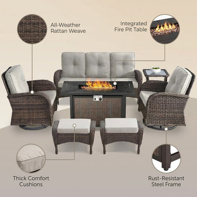 7 Piece Outdoor Patio Furniture Set, Patio Furniture Set with Fire Pit Table Rattan Wicker Patio Furniture Set, Brown Wicker & Beige Cushion