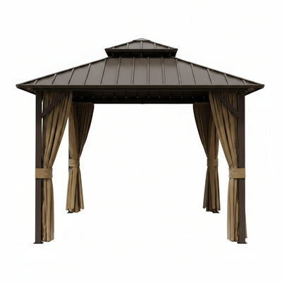 10 Ft. X 10 Ft. Double Galvanized Steel Roof Aluminum Frame Outdoor Patio Hardtop Gazebo with Netting and Curtains