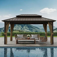 12 Ft. X 16 Ft. Double Galvanized Steel Roof Aluminum Frame Outdoor Patio Hardtop Gazebo with Netting and Curtains