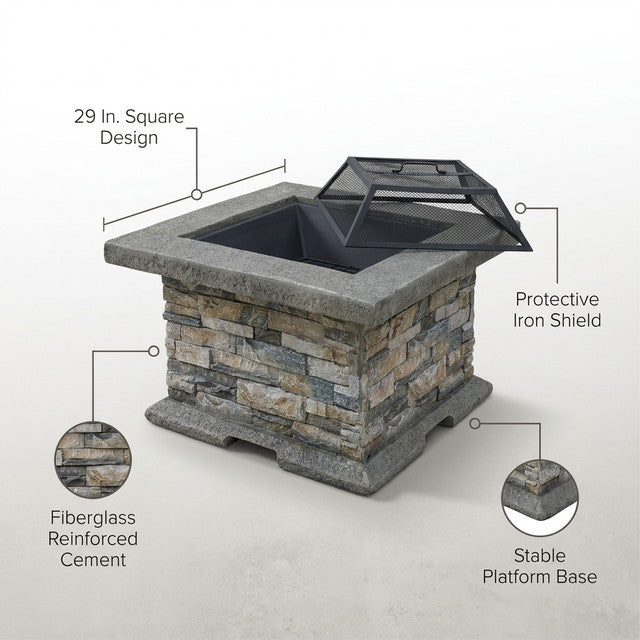 29 In. Stone Gray Square Wood Outdoor Fire Pit — Lifestyle