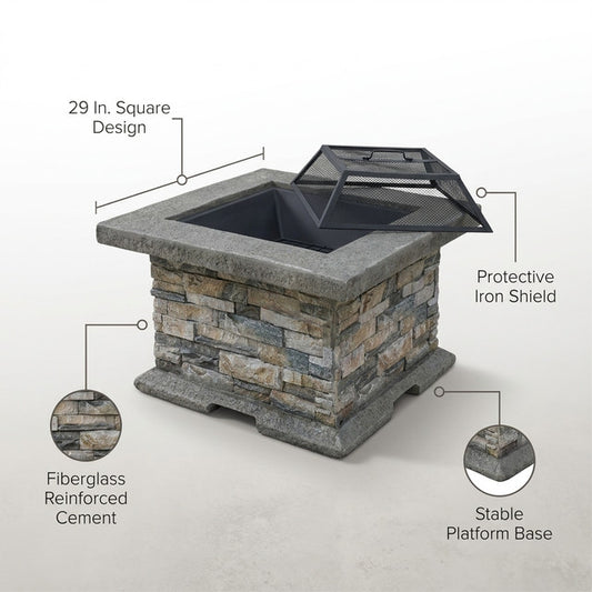 29 In. Stone Gray Square Wood Outdoor Fire Pit — Lifestyle