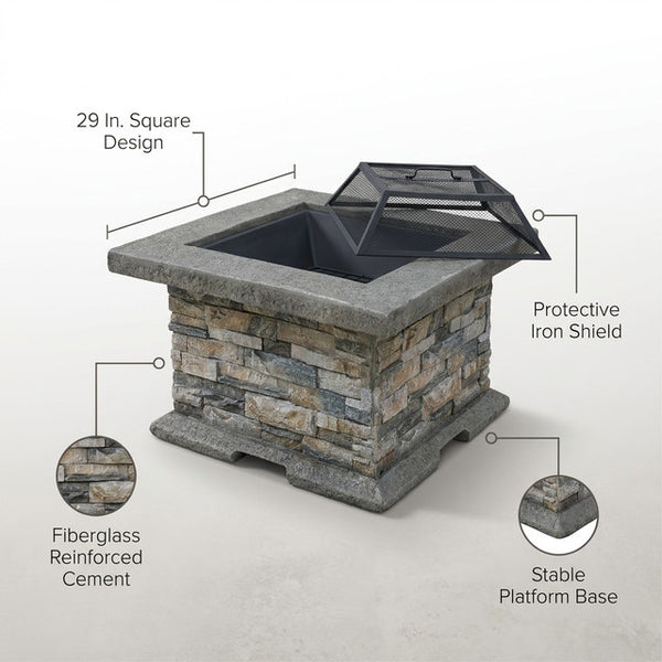 29 In. Stone Gray Square Wood Outdoor Fire Pit — Lifestyle