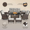 7 Piece Outdoor Patio Furniture Set, Patio Furniture Set with Fire Pit Table Rattan Wicker Patio Furniture Set, Brown Wicker & Beige Cushion