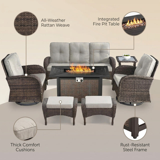 7 Piece Outdoor Patio Furniture Set, Patio Furniture Set with Fire Pit Table Rattan Wicker Patio Furniture Set, Brown Wicker & Beige Cushion — Lifestyle