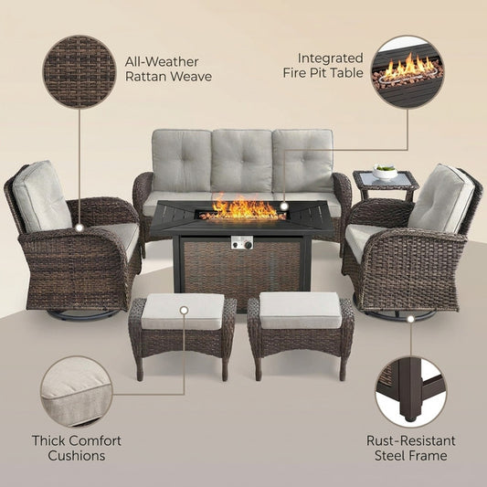 7 Piece Outdoor Patio Furniture Set, Patio Furniture Set with Fire Pit Table Rattan Wicker Patio Furniture Set, Brown Wicker & Beige Cushion — Lifestyle