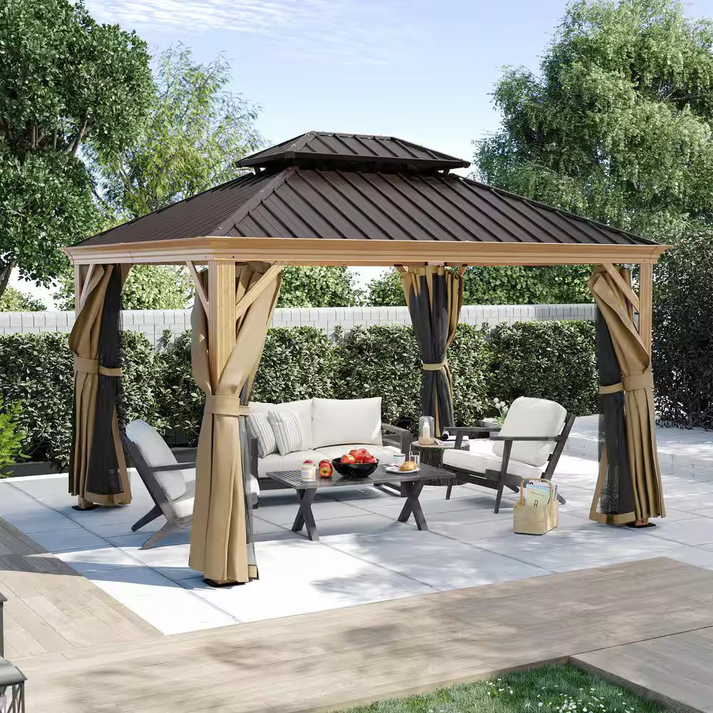 10 Ft. X 12 Ft. Double Roof Hardtop Wood Grain Aluminum Patio Gazebo with Netting and Khaki Curtains