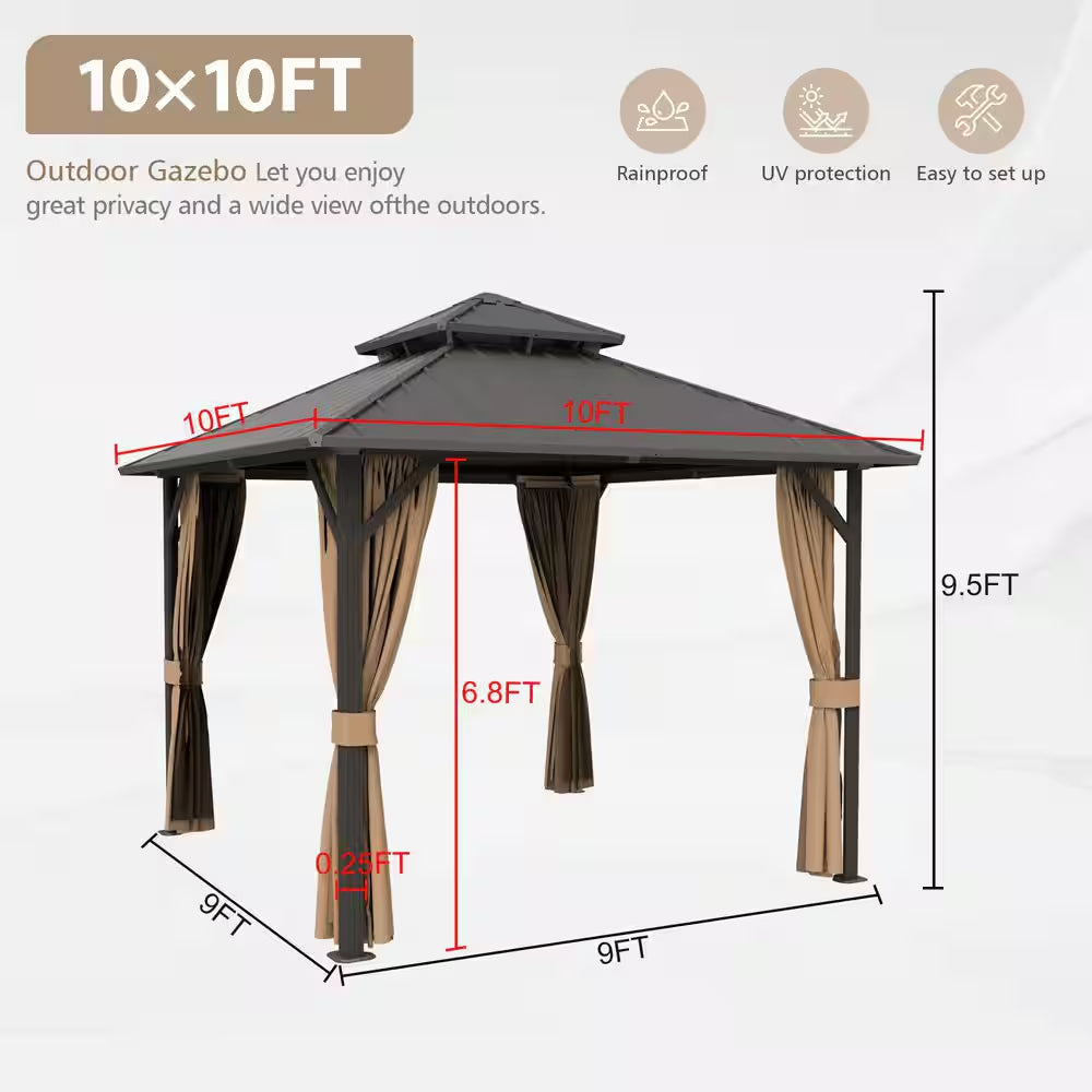 10 Ft. X 10 Ft. Double Galvanized Steel Roof Aluminum Frame Outdoor Patio Hardtop Gazebo with Netting and Curtains