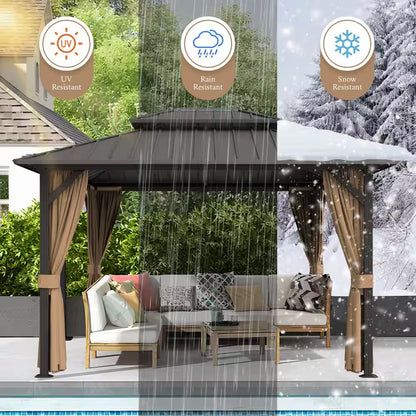 10 Ft. X 10 Ft. Double Galvanized Steel Roof Aluminum Frame Outdoor Patio Hardtop Gazebo with Netting and Curtains