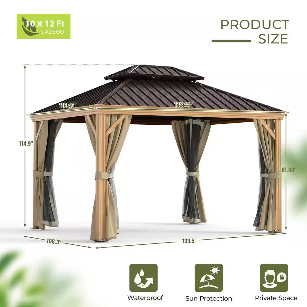 10 Ft. X 12 Ft. Double Roof Hardtop Wood Grain Aluminum Patio Gazebo with Netting and Khaki Curtains
