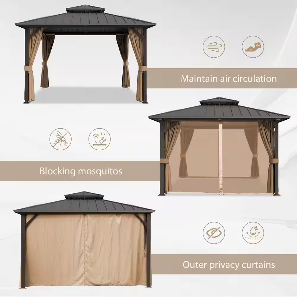 10 Ft. X 10 Ft. Double Galvanized Steel Roof Aluminum Frame Outdoor Patio Hardtop Gazebo with Netting and Curtains