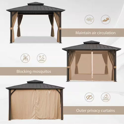 10 Ft. X 10 Ft. Double Galvanized Steel Roof Aluminum Frame Outdoor Patio Hardtop Gazebo with Netting and Curtains