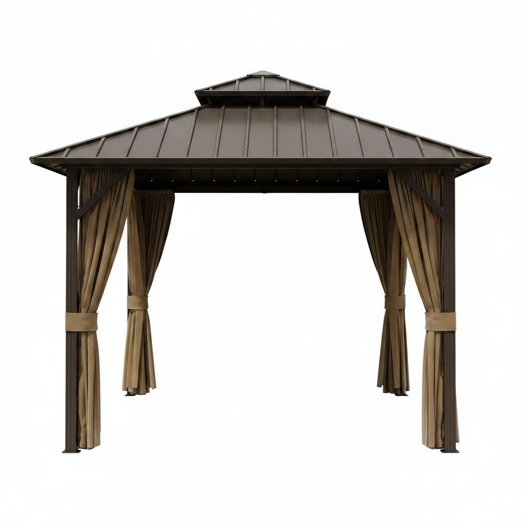 10 Ft. X 10 Ft. Double Galvanized Steel Roof Aluminum Frame Outdoor Patio Hardtop Gazebo with Netting and Curtains