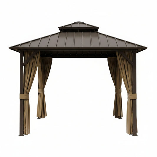 10 Ft. X 10 Ft. Double Galvanized Steel Roof Aluminum Frame Outdoor Patio Hardtop Gazebo with Netting and Curtains