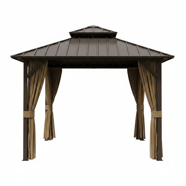 10 Ft. X 10 Ft. Double Galvanized Steel Roof Aluminum Frame Outdoor Patio Hardtop Gazebo with Netting and Curtains