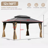 12 Ft. X 16 Ft. Double Galvanized Steel Roof Aluminum Frame Outdoor Patio Hardtop Gazebo with Netting and Curtains