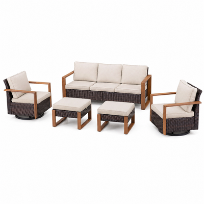 Luxury Outdoor Wicker Patio Furniture Set,5 Piece Deep Seating Outdoor Conversation Set with Patio Swivel Rocker Patio Chairs,Rattan Couch and Ottomans for Deck Porch Poolside