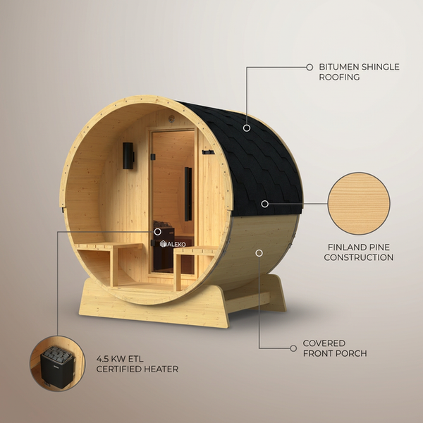 Outdoor Indoor Finland Pine Wet Dry Barrel Sauna 3-5 Person Front Porch Canopy 4.5 Kw ETL Certified Bitumen Shingle Roof — Lifestyle