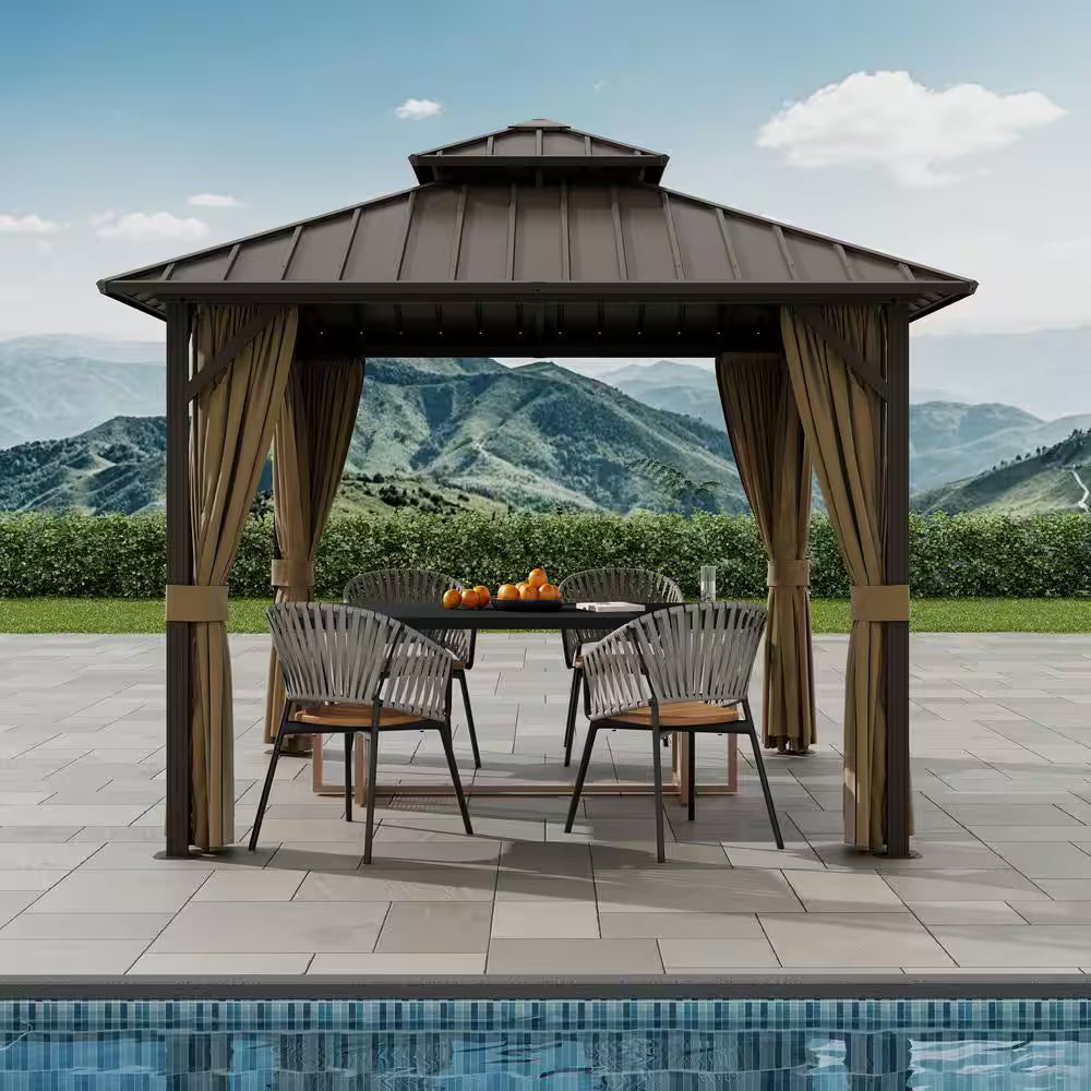 10 Ft. X 10 Ft. Double Galvanized Steel Roof Aluminum Frame Outdoor Patio Hardtop Gazebo with Netting and Curtains