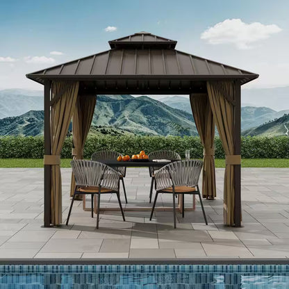 10 Ft. X 10 Ft. Double Galvanized Steel Roof Aluminum Frame Outdoor Patio Hardtop Gazebo with Netting and Curtains