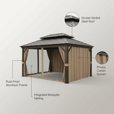 12 Ft. X 16 Ft. Double Galvanized Steel Roof Aluminum Frame Outdoor Patio Hardtop Gazebo with Netting and Curtains