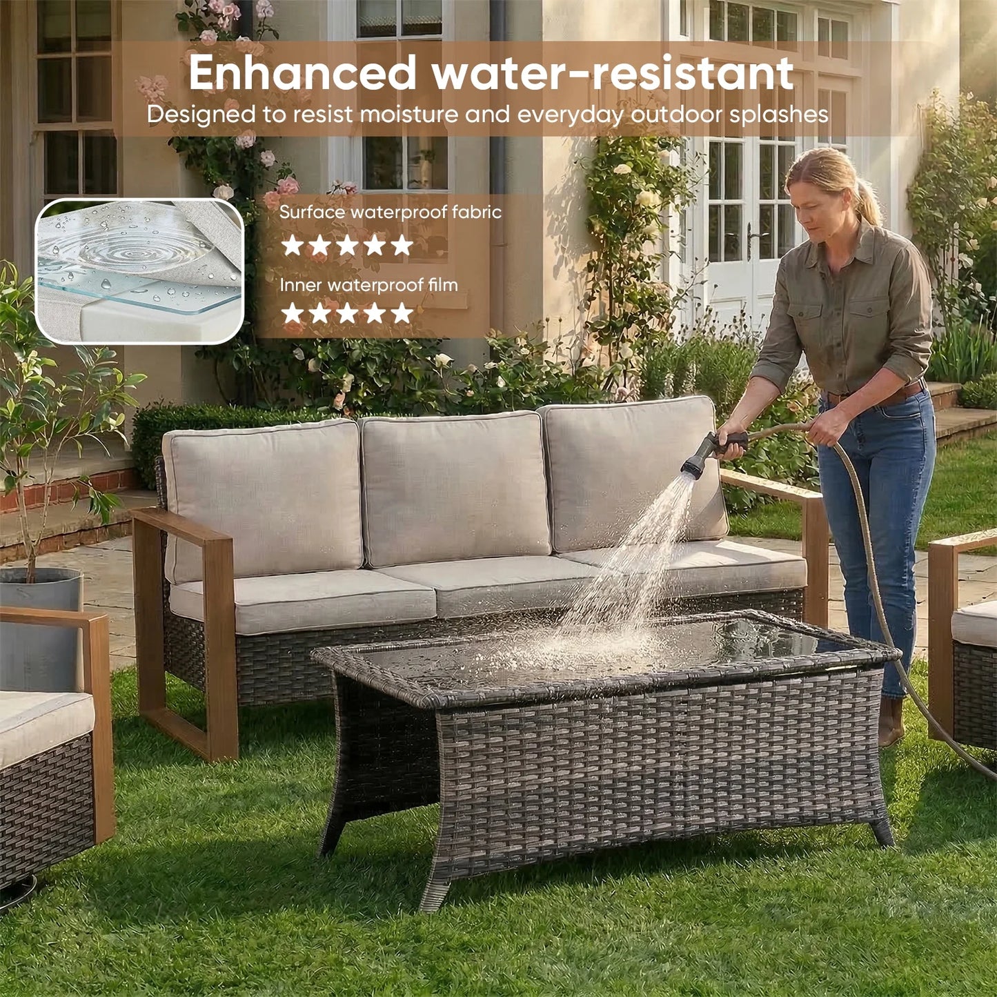 Luxury Outdoor Wicker Patio Furniture Set,5 Piece Deep Seating Outdoor Conversation Set with Patio Swivel Rocker Patio Chairs,Rattan Couch and Ottomans for Deck Porch Poolside