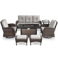 7 Piece Outdoor Patio Furniture Set, Patio Furniture Set with Fire Pit Table Rattan Wicker Patio Furniture Set, Brown Wicker & Beige Cushion