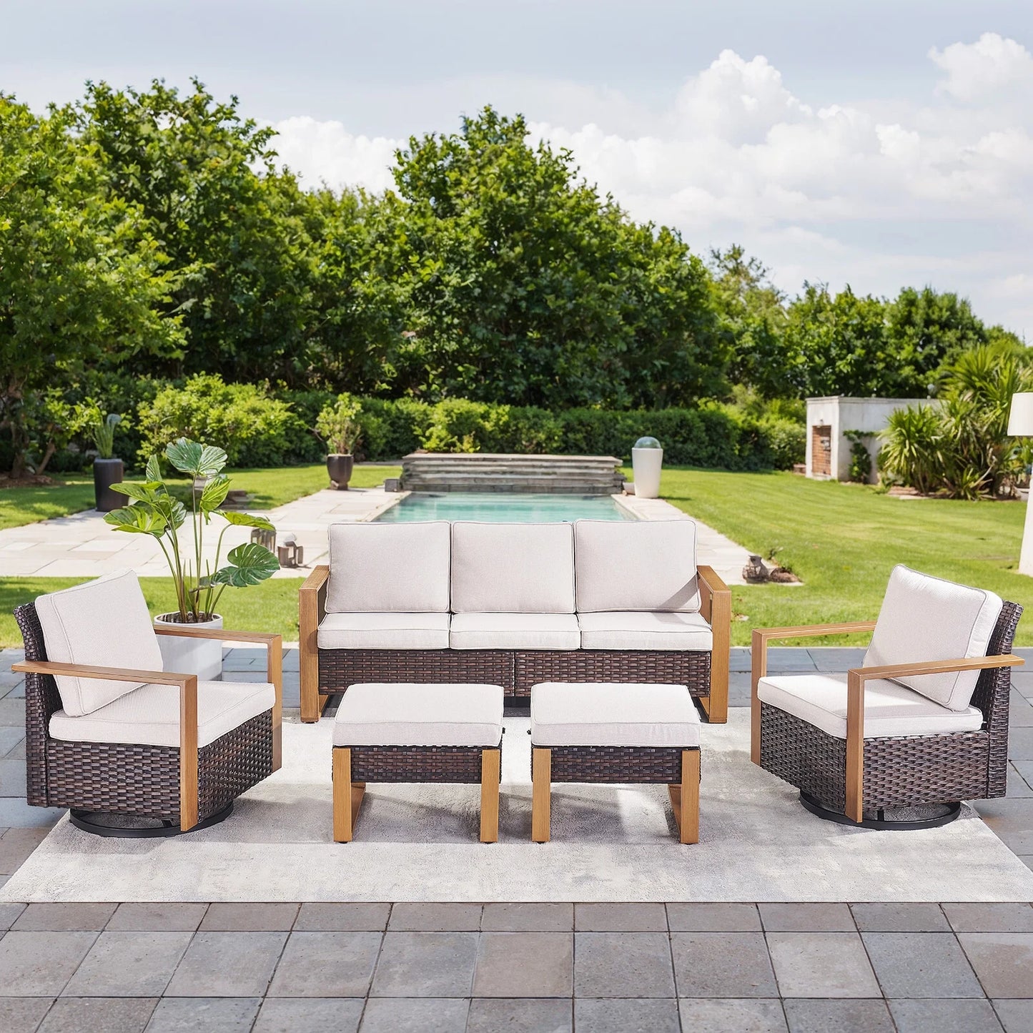 Luxury Outdoor Wicker Patio Furniture Set,5 Piece Deep Seating Outdoor Conversation Set with Patio Swivel Rocker Patio Chairs,Rattan Couch and Ottomans for Deck Porch Poolside
