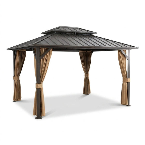 12 Ft. X 16 Ft. Double Galvanized Steel Roof Aluminum Frame Outdoor Patio Hardtop Gazebo with Netting and Curtains