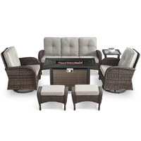 7 Piece Outdoor Patio Furniture Set, Patio Furniture Set with Fire Pit Table Rattan Wicker Patio Furniture Set, Brown Wicker & Beige Cushion — Studio Shot