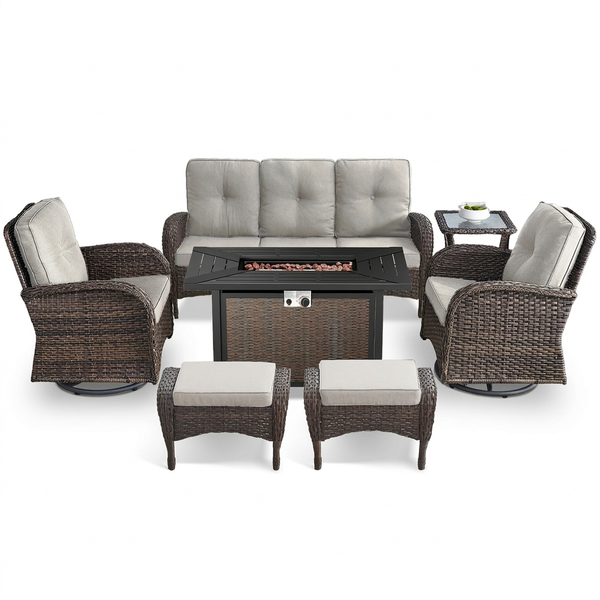 7 Piece Outdoor Patio Furniture Set, Patio Furniture Set with Fire Pit Table Rattan Wicker Patio Furniture Set, Brown Wicker & Beige Cushion
