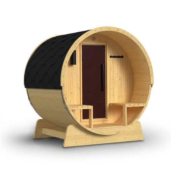 Outdoor Indoor Finland Pine Wet Dry Barrel Sauna 3-5 Person Front Porch Canopy 4.5 Kw ETL Certified Bitumen Shingle Roof