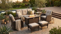 7 Piece Outdoor Patio Furniture Set, Patio Furniture Set with Fire Pit Table Rattan Wicker Patio Furniture Set, Brown Wicker & Beige Cushion — Lifestyle